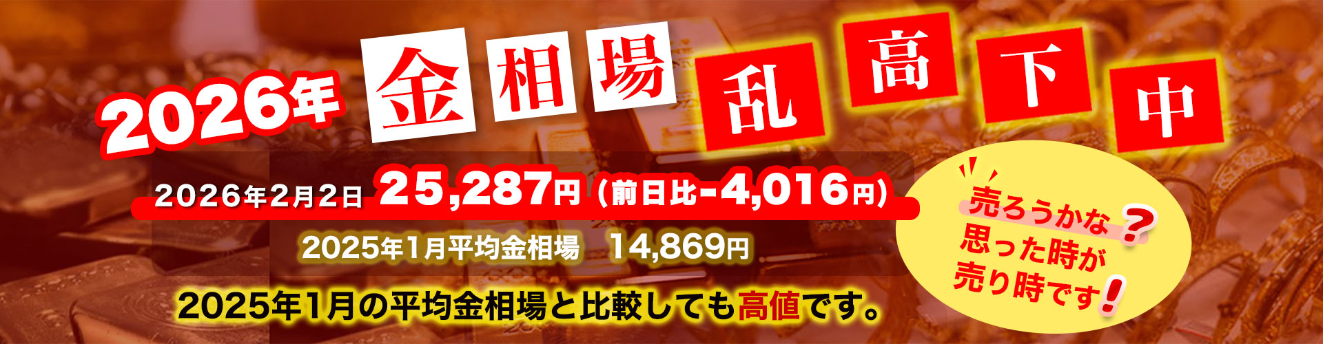 2026年の金相場の乱高下を伝える広告バナー。大きな赤字の2026年と数値、吹き出しで売る時が来たと訴える内容。
